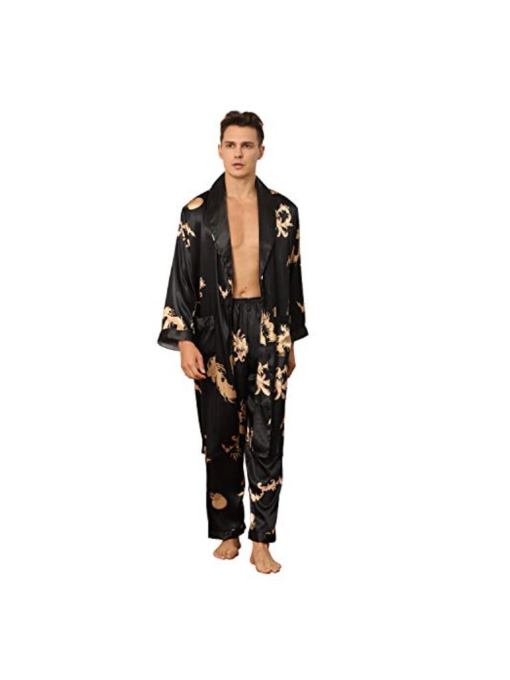 Men's Satin Robe with Pants Lightweight Printed Dragon Kimono Lounge Set